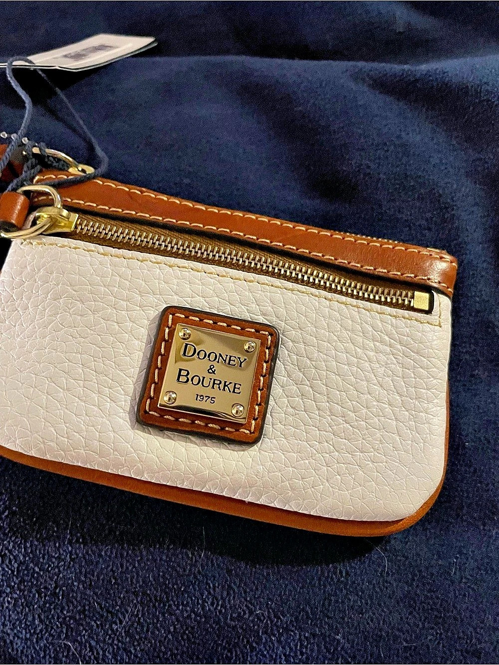 Dooney & Bourke Pebbled Leather Zip Key Coin Case White & Brown NWT